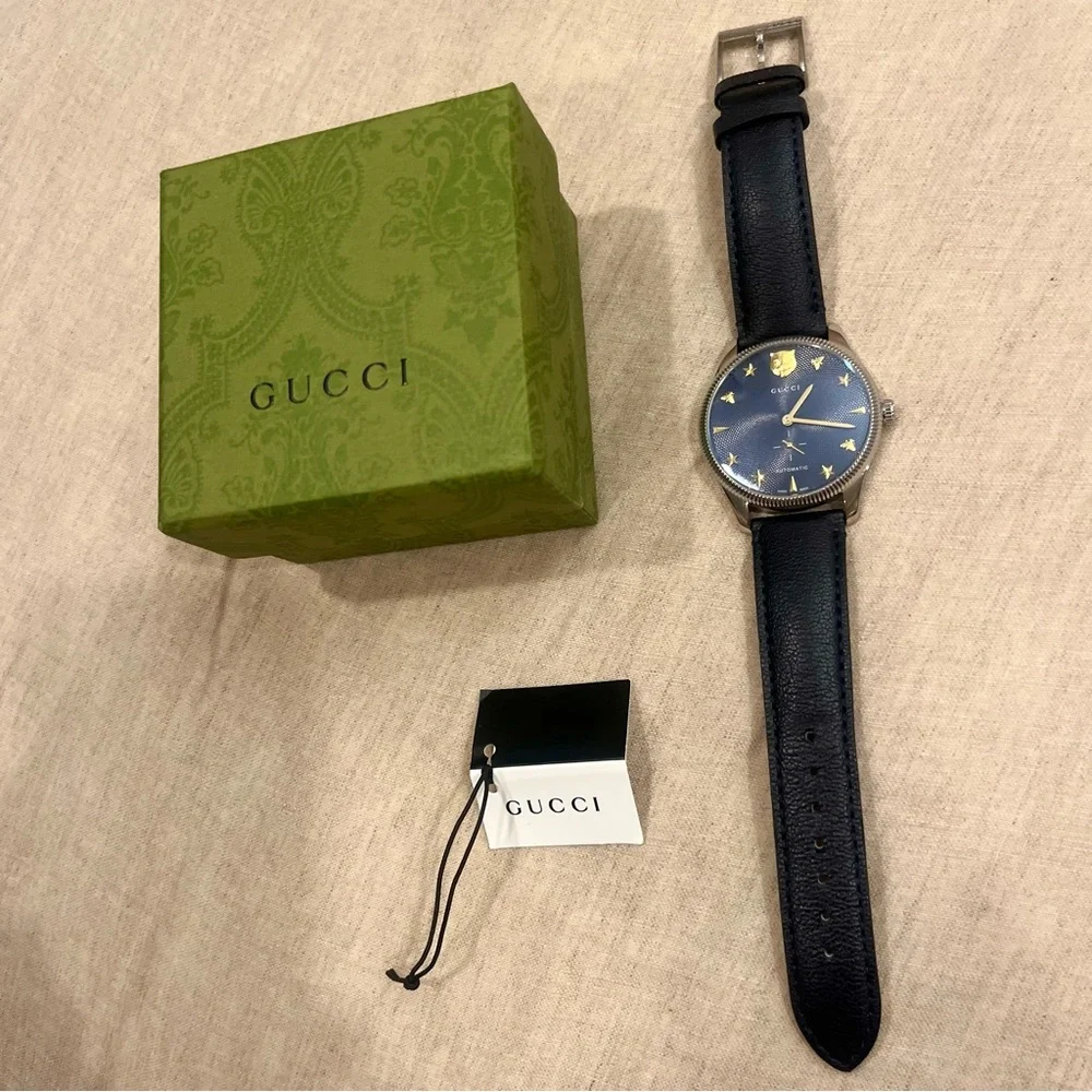 $3950 Gucci G-Timeless 40mm Charm Dial Automatic Watch, Deep Navy Blue